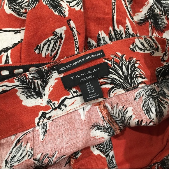 TAHARI Linen Shorts Orange Black Palm Tree Print Tropical Belted pocket - Picture 5 of 5